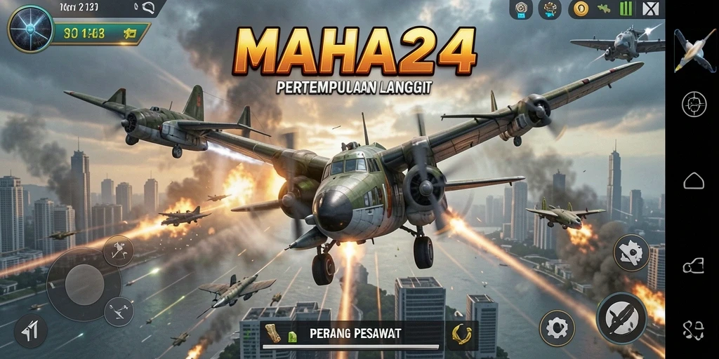 Antarmuka game Perang Pesawat dengan kontrol pesawat yang responsif.